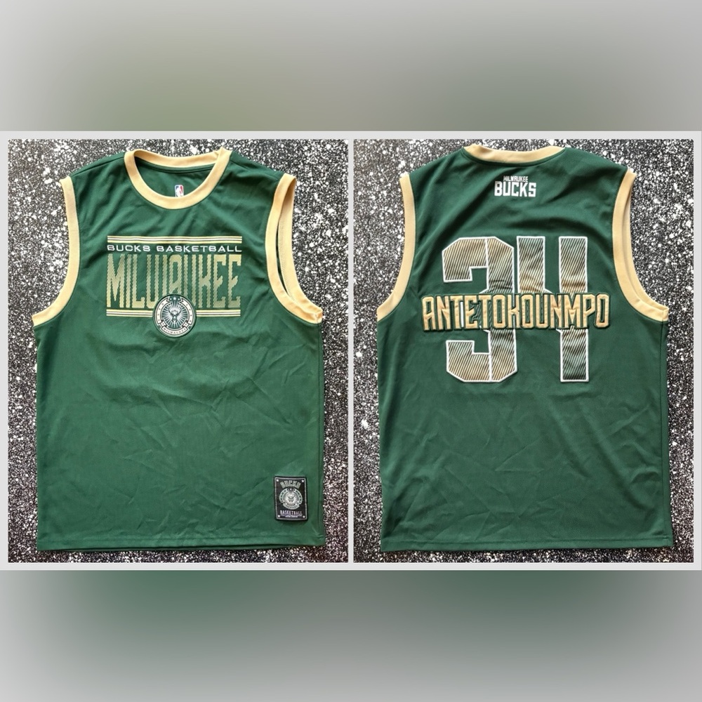 NBA Milwaukee Bucks Jersey Antetokounmpo #34 Warm-Up Jersey Mens L Green Tan